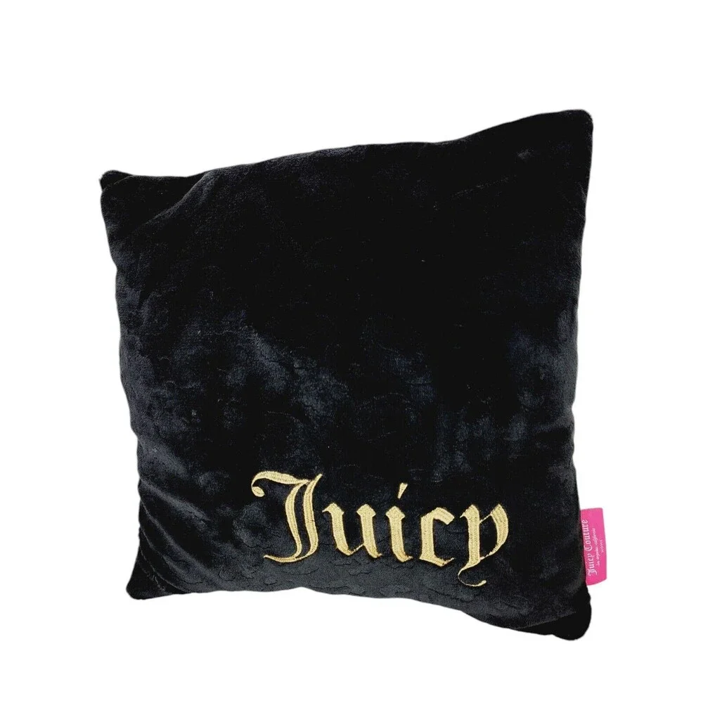 VTG Y2K Juicy Couture Black Velour Velvet Metallic Gold Embroidered Toss Pillow